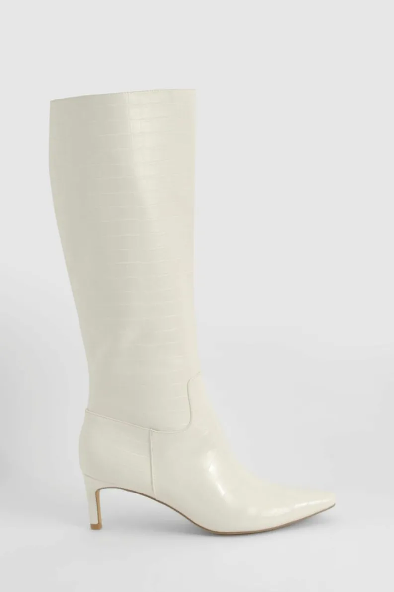 Over The Knee Boots|Knee High Boots*boohoo Croc Low Heel Pointed Knee High Boots cream