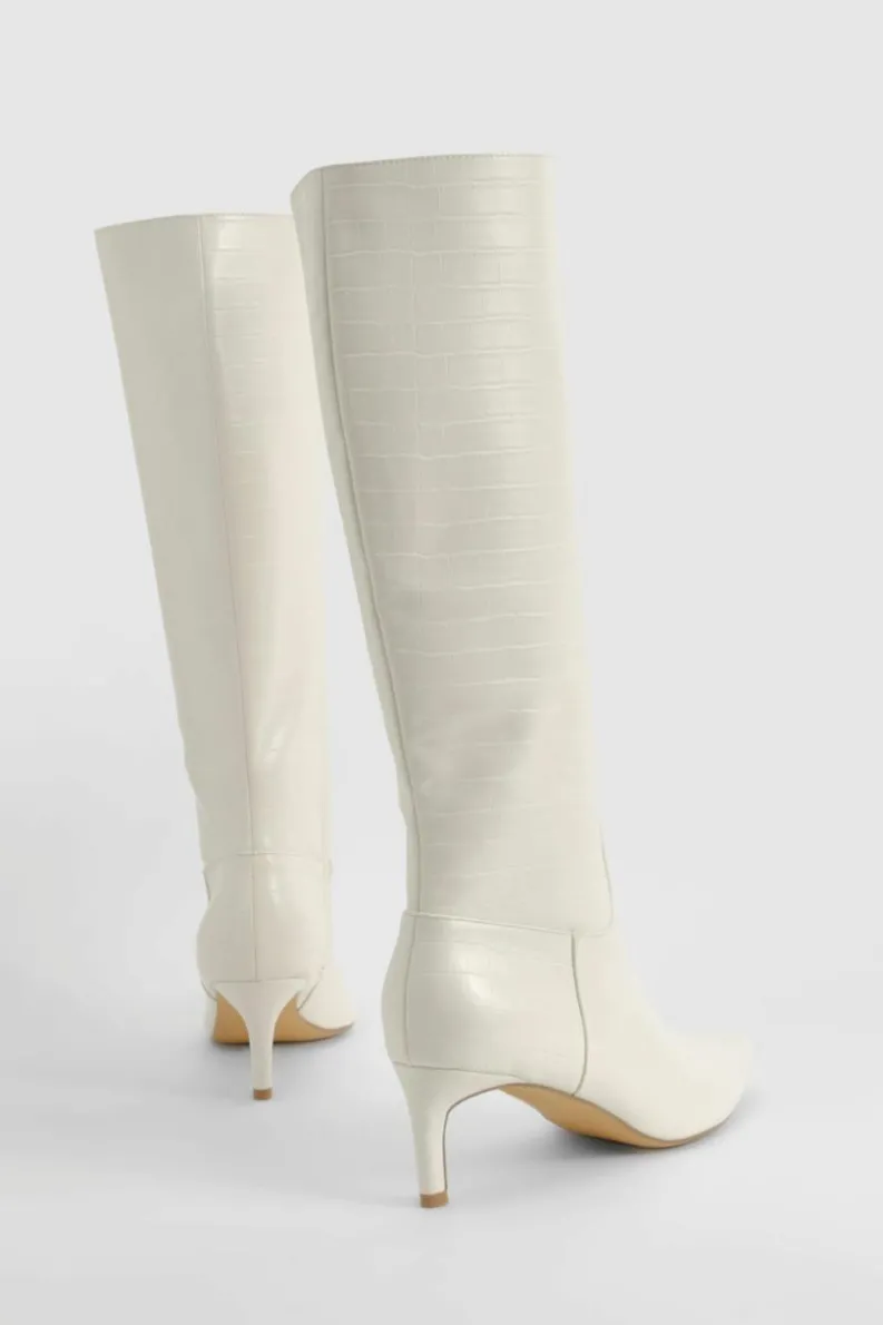 Over The Knee Boots|Knee High Boots*boohoo Croc Low Heel Pointed Knee High Boots cream