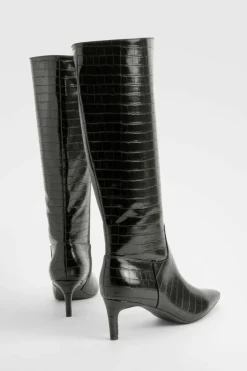 Over The Knee Boots|Knee High Boots*boohoo Croc Low Heel Pointed Knee High Boots black