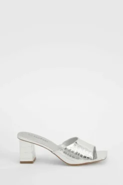 Sandals|Heels*boohoo Croc Metallic Low Block Heeled Mule silver