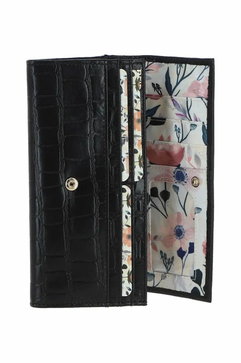 Handbags*Ashwood Leather Croc Print 7 Card RFID Large Real Leather Purse Black