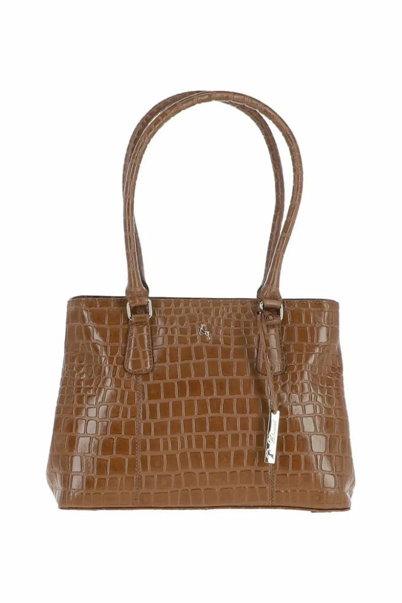 Shoulder Bags*Ashwood Leather Croc Print Real Leather Two Section With Mid Purse Bag Tan