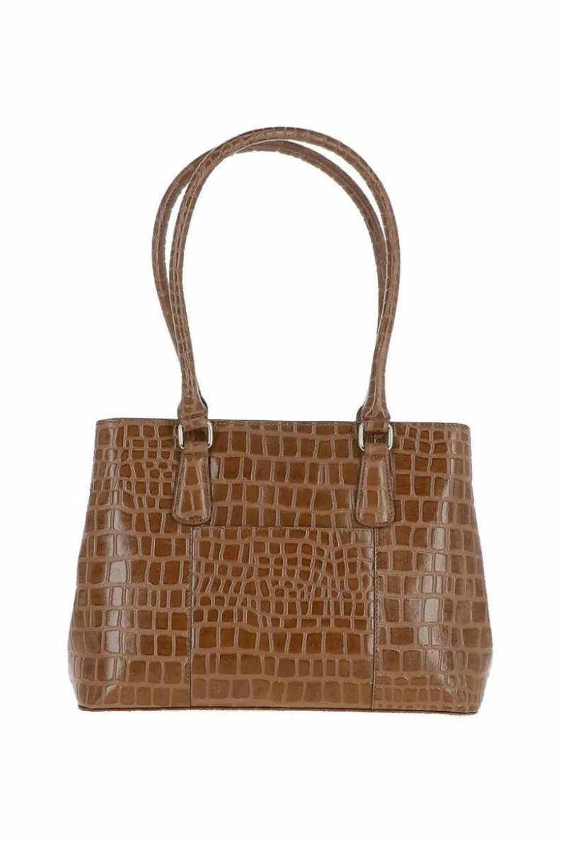 Shoulder Bags*Ashwood Leather Croc Print Real Leather Two Section With Mid Purse Bag Tan