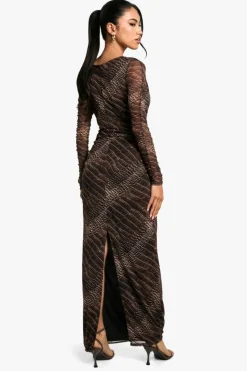 Maxi Dresses|Long Sleeve Dresses*boohoo Croc Print Ruched Maxi Dress brown