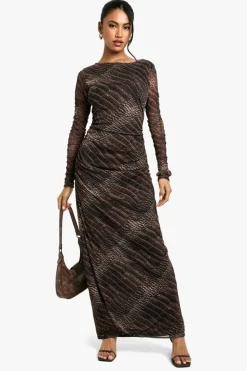 Maxi Dresses|Long Sleeve Dresses*boohoo Croc Print Ruched Maxi Dress brown