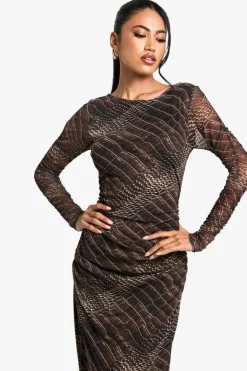 Maxi Dresses|Long Sleeve Dresses*boohoo Croc Print Ruched Maxi Dress brown