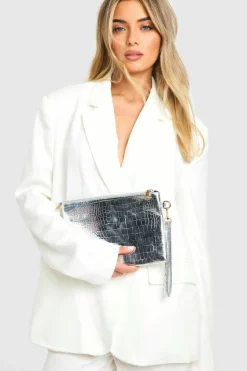 Handbags|Clutch Bags*boohoo Croc Zip Top Clutch Bag silver