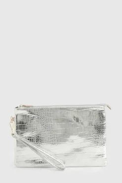 Handbags|Clutch Bags*boohoo Croc Zip Top Clutch Bag silver
