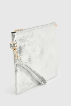Handbags|Clutch Bags*boohoo Croc Zip Top Clutch Bag silver