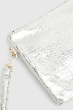 Handbags|Clutch Bags*boohoo Croc Zip Top Clutch Bag silver