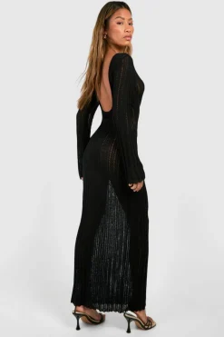 Jumper Dresses|Jumper Dresses*boohoo Crochet Flare Sleeve Scoop Back Knitted Dress black