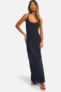 Jumper Dresses|Jumper Dresses*boohoo Crochet Ladder Cowl Neck Knitted Maxi Dress navy