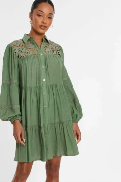 Shirt Dresses|Skater Dresses*Quiz Crochet Mini Shirt Dress Green