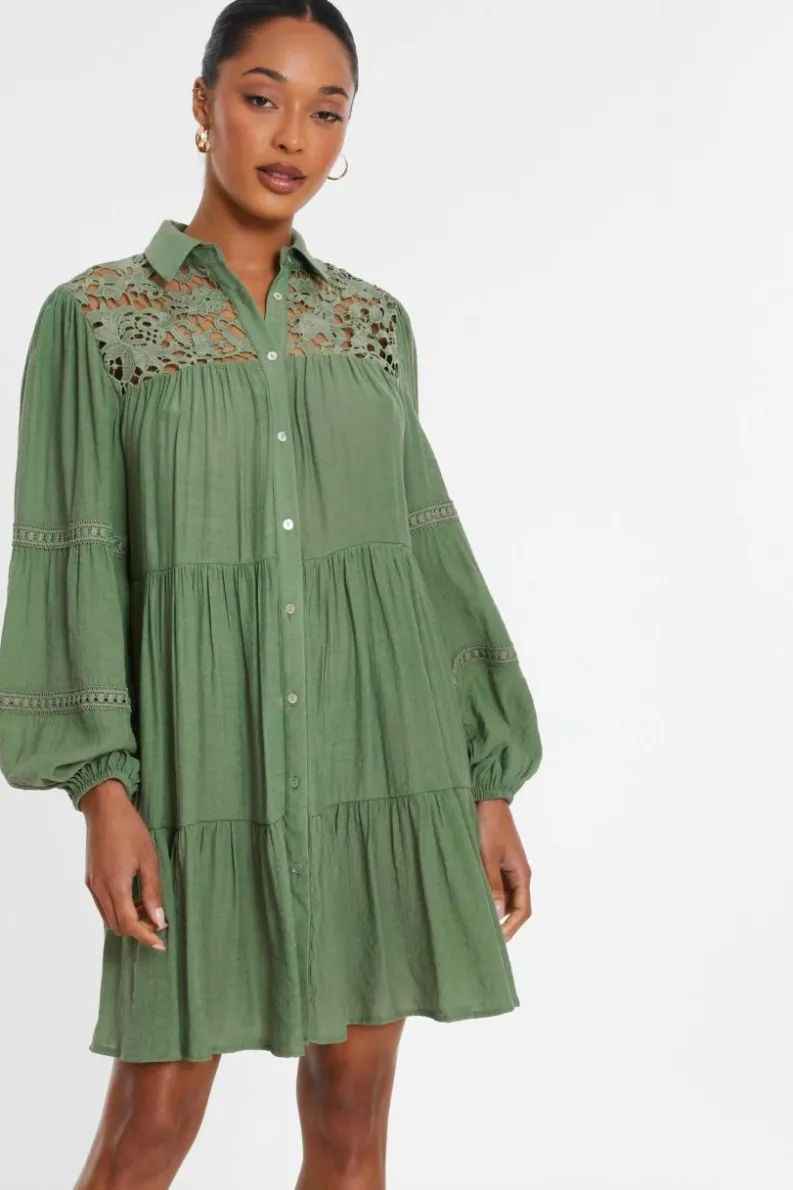 Shirt Dresses|Skater Dresses*Quiz Crochet Mini Shirt Dress Green