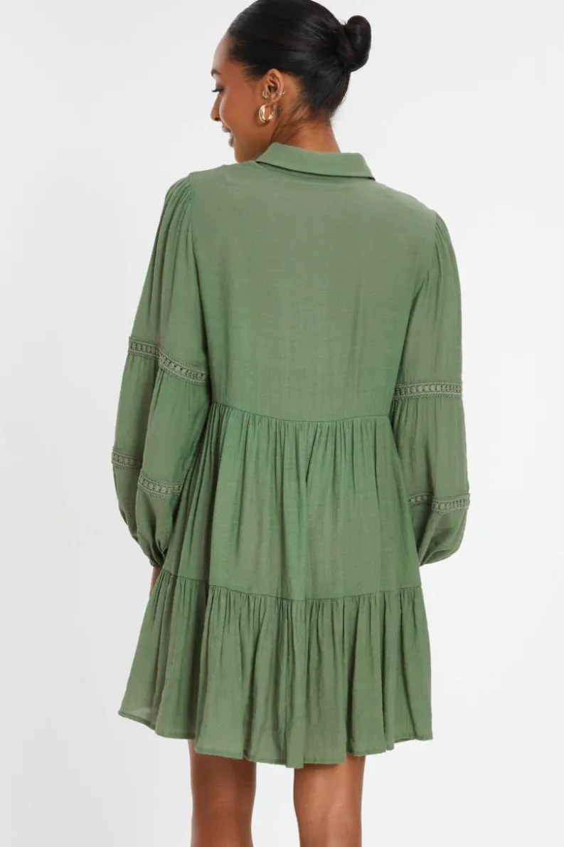 Shirt Dresses|Skater Dresses*Quiz Crochet Mini Shirt Dress Green