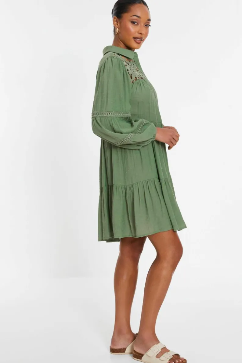 Shirt Dresses|Skater Dresses*Quiz Crochet Mini Shirt Dress Green