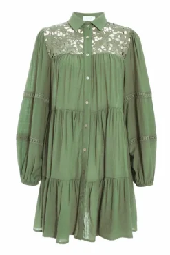 Shirt Dresses|Skater Dresses*Quiz Crochet Mini Shirt Dress Green