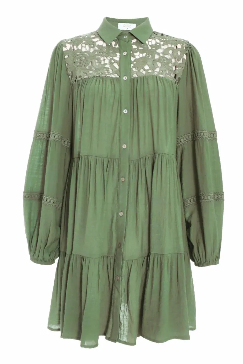 Shirt Dresses|Skater Dresses*Quiz Crochet Mini Shirt Dress Green