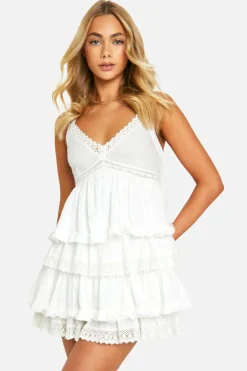 Smock Dresses*boohoo Crochet Trim Tiered Smock Dress white