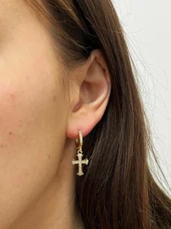 Earrings*SVNX Cross Drop Earring On Hoop Gold