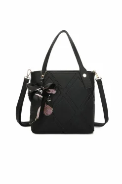 Shoulder Bags|Handbags*Kitise Cross Pattern PU Leather Tote Handbag Shoulder Bag With Scarf Charm Black