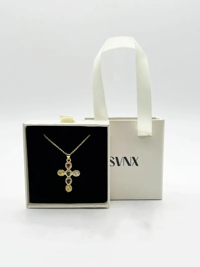 Necklaces*SVNX Cross Pendant Necklace in Multi Colour Stones Gold