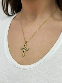 Necklaces*SVNX Cross Pendant Necklace in Multi Colour Stones Gold