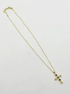 Necklaces*SVNX Cross Pendant Necklace in Multi Colour Stones Gold