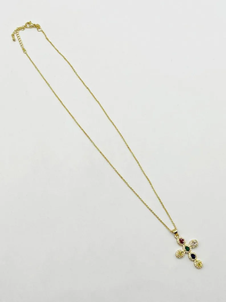 Necklaces*SVNX Cross Pendant Necklace in Multi Colour Stones Gold