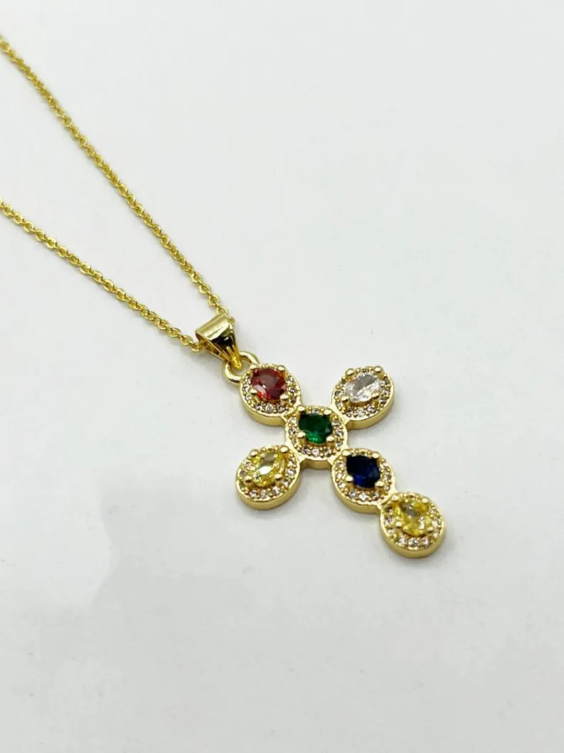 Necklaces*SVNX Cross Pendant Necklace in Multi Colour Stones Gold