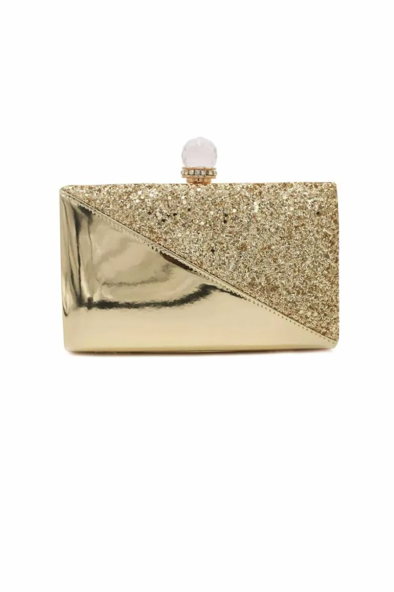 Clutch Bags*Kitise Crystail Clasp Half Shiny Glitter Evening Clutch Bag Gold