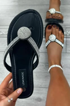 Sandals*Love Lemonade Crystal Ball Embellished Flip Flops Black