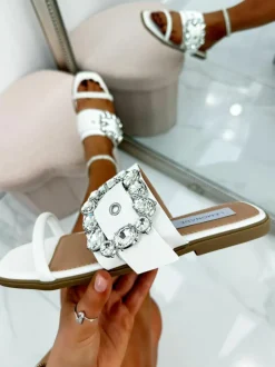 Sandals*Love Lemonade Crystal Buckle Double Strap Sliders White