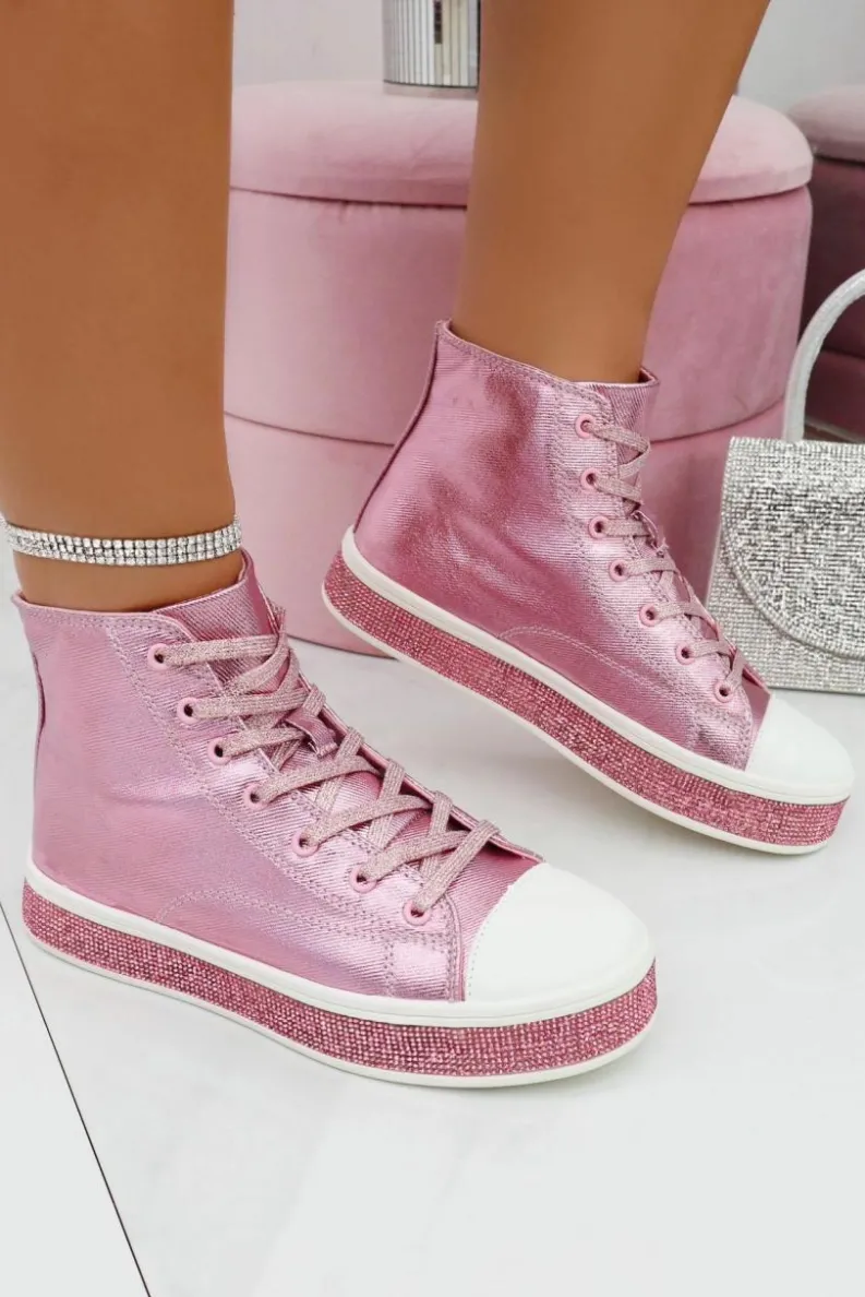Trainers*Love Lemonade Crystal Canvas High Top Trainers Pink