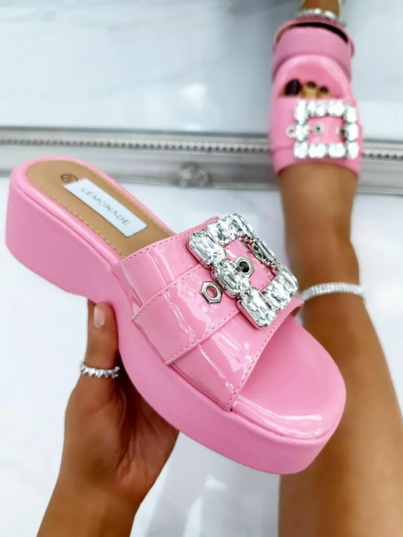 Sandals*Love Lemonade Crystal Chunky Buckle Platform Sliders Pink
