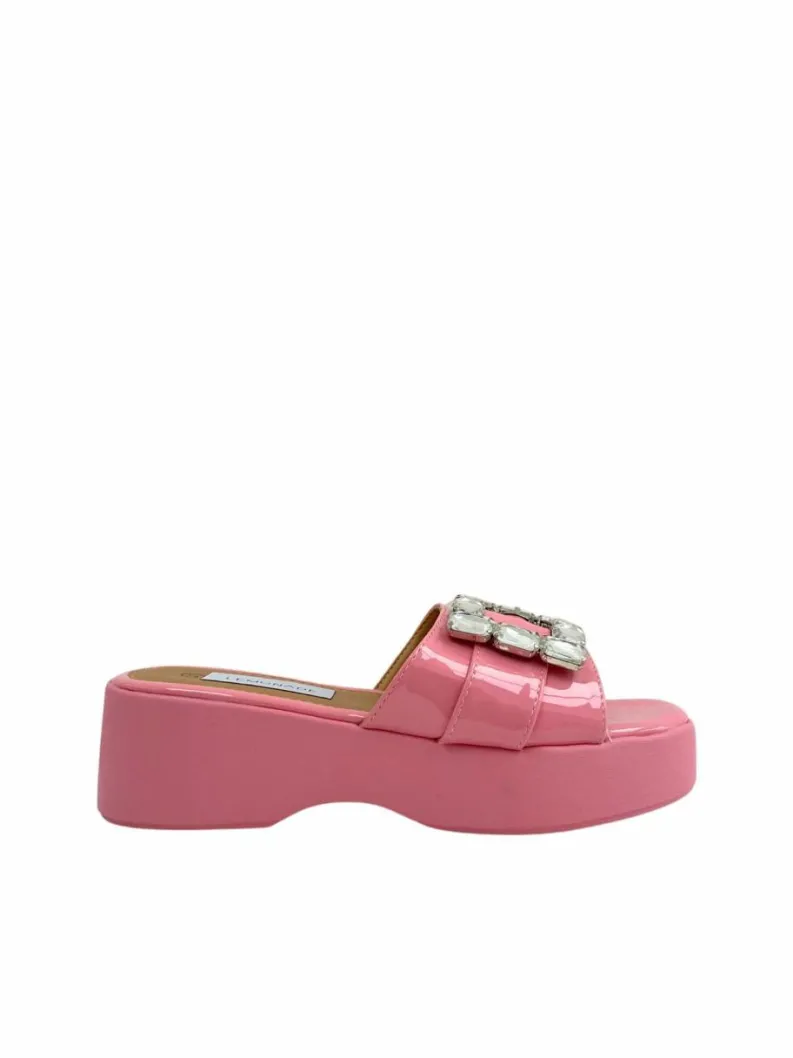 Sandals*Love Lemonade Crystal Chunky Buckle Platform Sliders Pink