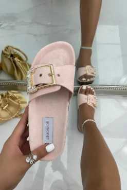 Sandals*Love Lemonade Crystal Chunky Buckle Sliders Baby Pink