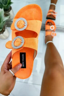 Sandals*Love Lemonade Crystal Cirque Suede Double Buckle Sliders Orange