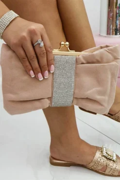 Clutch Bags*Love Lemonade Crystal Detail Suede Bow Clutch Bag Nude