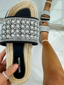 Sandals*Love Lemonade Crystal Diamante Trim Sliders Black