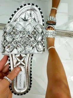 Sandals*Love Lemonade Crystal Diamond Sliders Silver