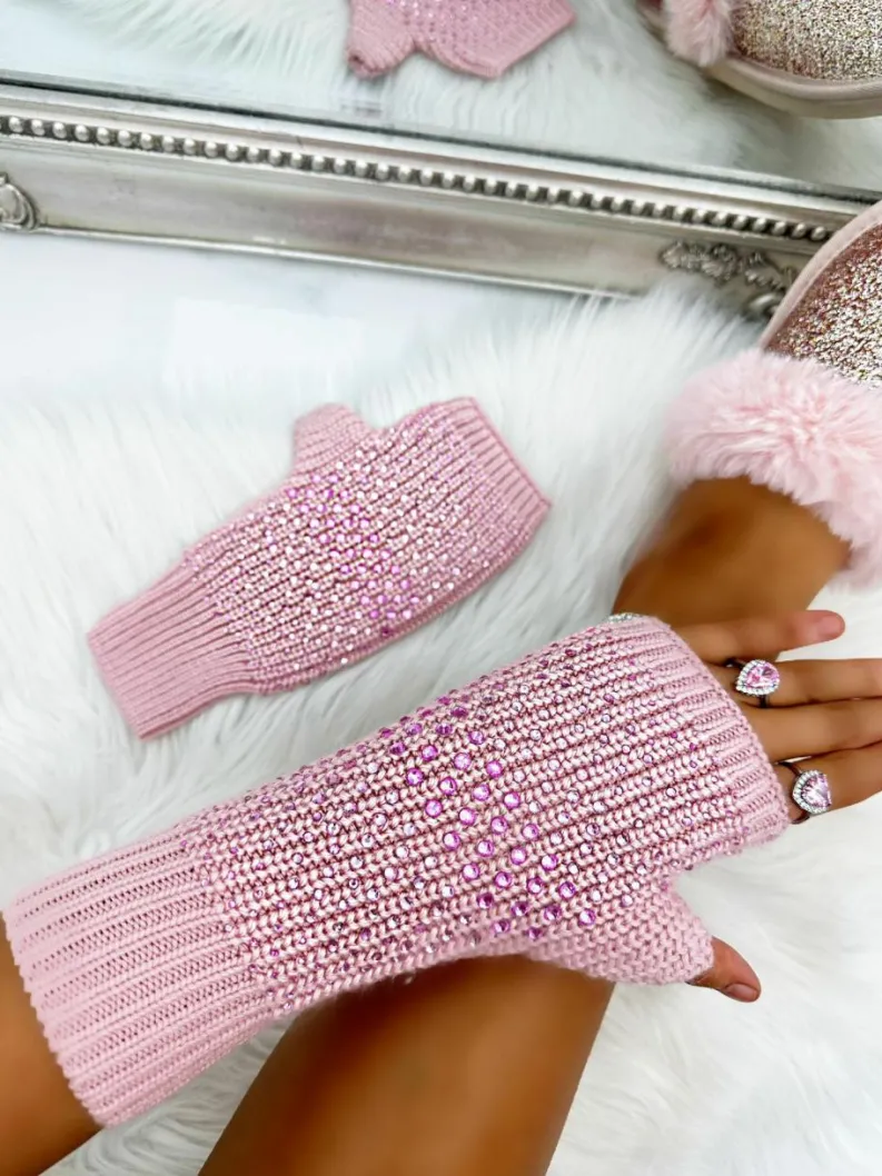 Hats & Gloves|Hats & Gloves*Love Lemonade Crystal Droplet Sparkly Cashmere Blend Fingerless Gloves Baby Pink