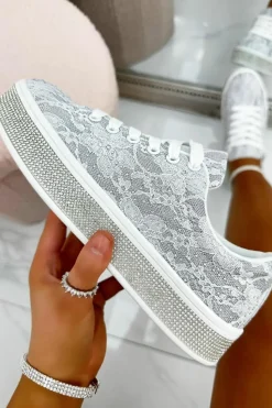 Trainers*Love Lemonade Crystal Lace Trim Trainers White