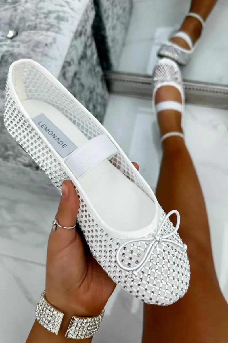 Flats*Love Lemonade Crystal Mesh Ballerina Pumps White