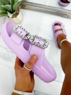 Sandals*Love Lemonade Crystal Rush Double Buckle Sliders Lilac