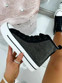 Trainers*Love Lemonade Crystal Sparkle Canvas High Top Trainers Silver