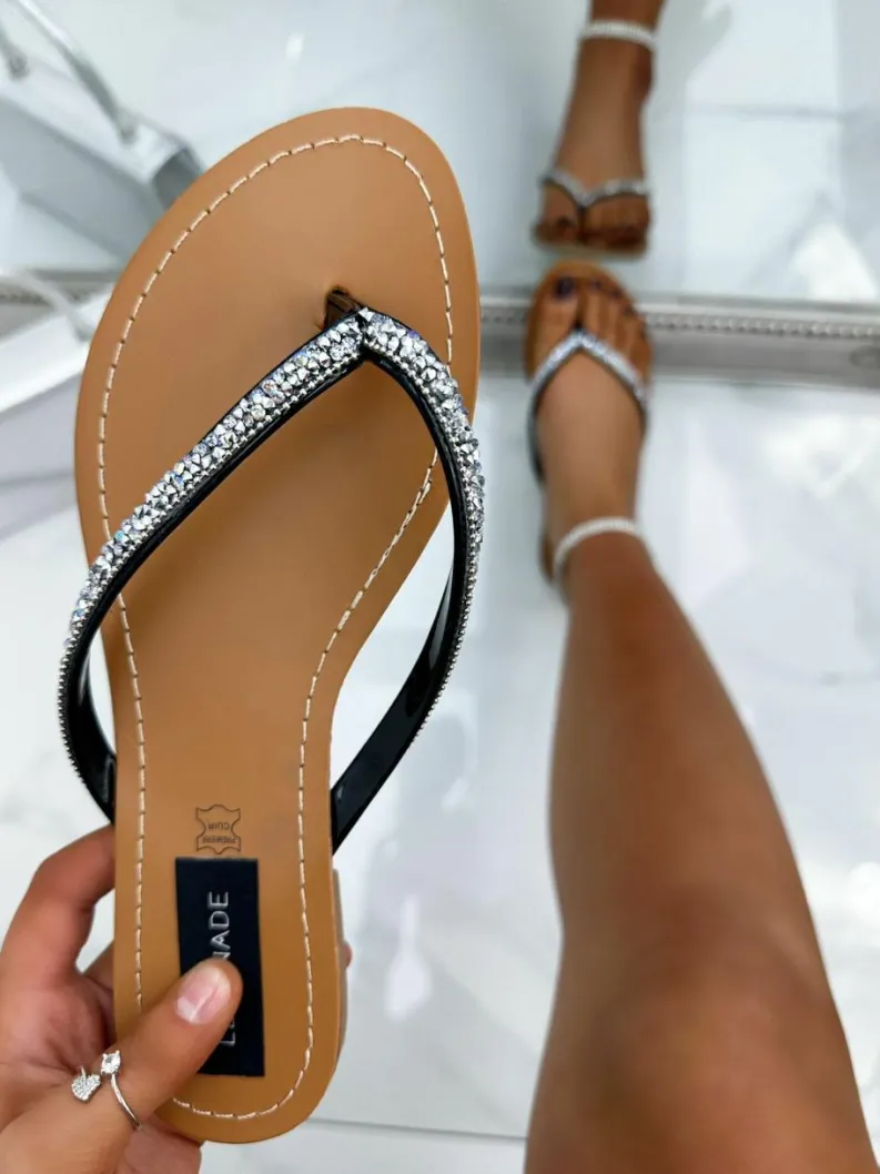 Sandals*Love Lemonade Crystal Sparkle Flip Flops Black