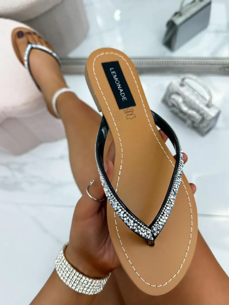 Sandals*Love Lemonade Crystal Sparkle Flip Flops Black