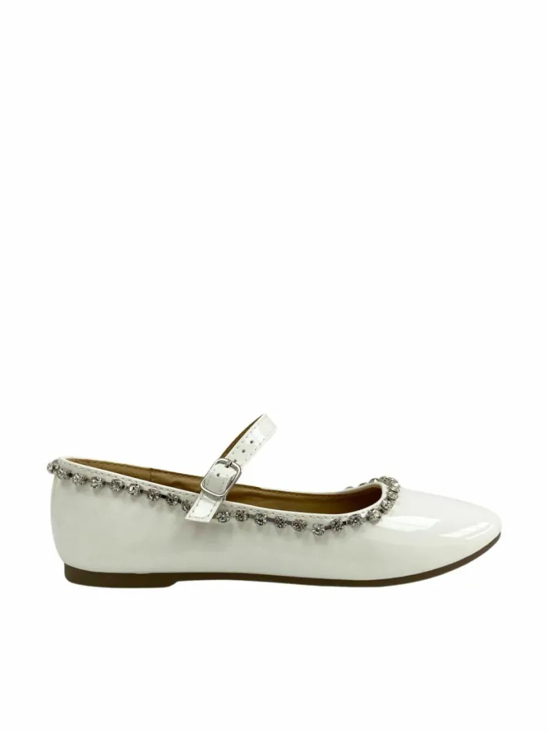 Flats*Love Lemonade Crystal Studded Patent Dolly Shoes White