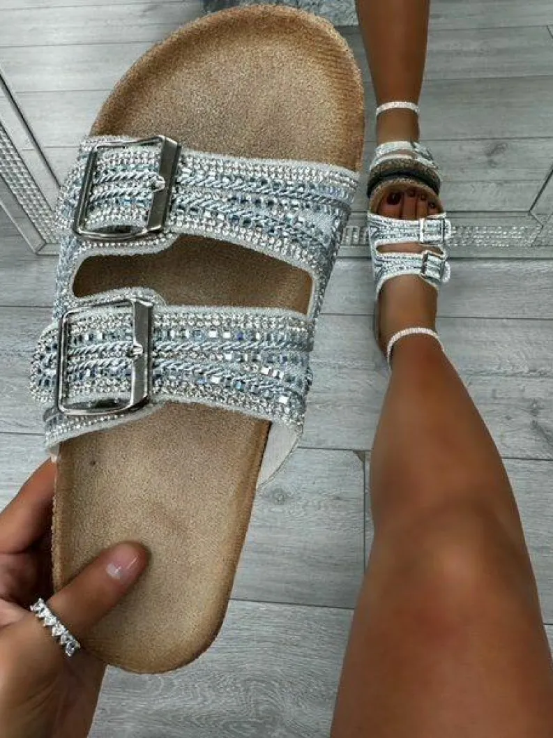 Sandals*Love Lemonade Crystal Swirl Double Buckle Sliders Silver